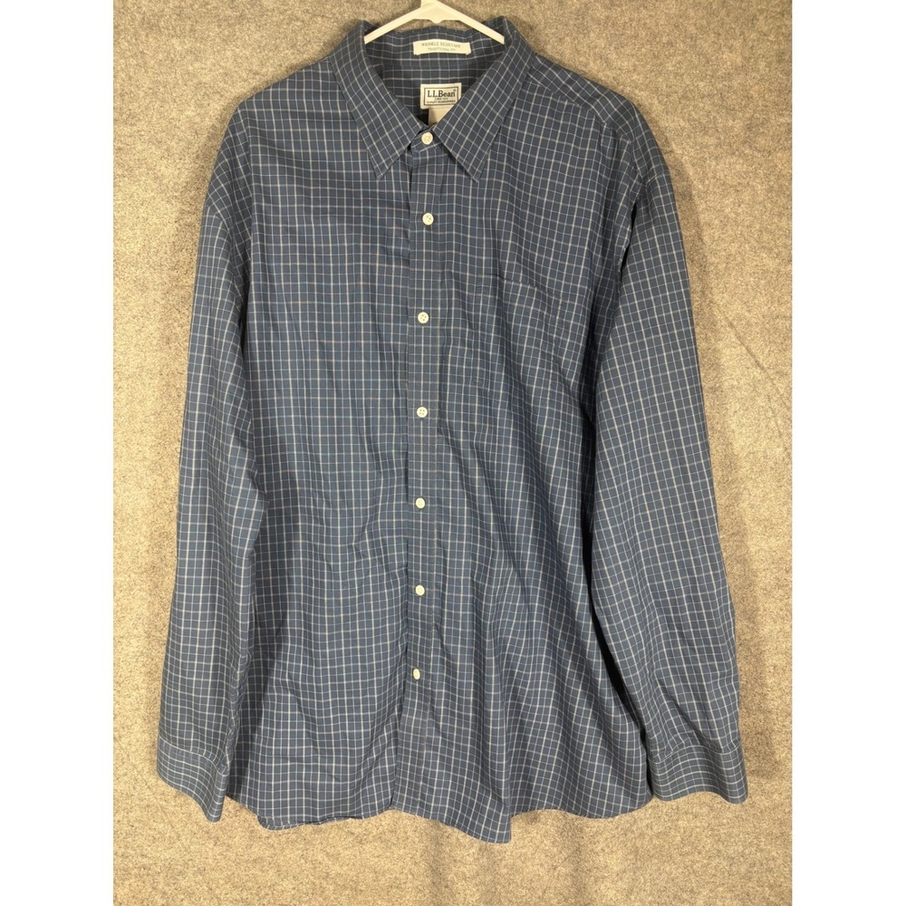 LL Bean Mens XXL Blue Windowpane Check Wrinkle Resistant Cotton Button Down